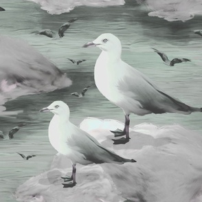 Bird Watching Lovers Painted Birds, Muted Off White Ocean Birds Sea Gazing, Serene Seagull Pattern, Flying White Gull Birds, Tranquil Vintage Green Colors, MEDIUM SCALE