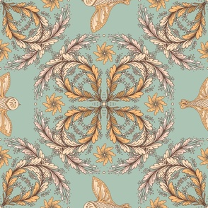 Fantasy Birds in the Fantasy Garden - Muted Yellow and Teal