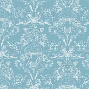 Scalloped Botanical Mushroom Woodland with Florals & - Cats - White & Blue - Vintage