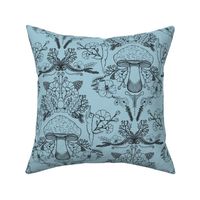 Scalloped Botanical Mushroom Woodland with Florals & - Cats - Black & Blue - Vintage