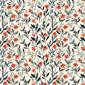 Elegant Watercolor Florals - Soft Red Blooms and Slate Blue Foliage