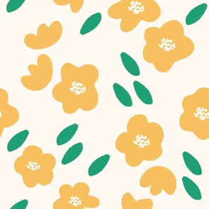 Large - Full Bloom - Spring Floral - Abstract Flowers - Yellow Blooms - Spring Flowers - Mustard Yellow x Green x Ivory