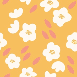 Large - Full Bloom - Spring Floral - Abstract Flowers - Yellow Blooms - Spring Flowers - Mustard Yellow x Coral x Ivory