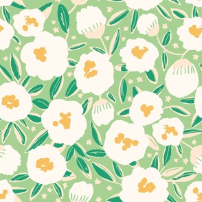 Large - Floral Clouds - Peony Blooms - Spring Floral - Spring Green - Grass Green - White Peony 