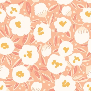 Large - Floral Clouds - Peony Blooms - Spring Floral - Spring Green - Coral Peach  - White Peony 