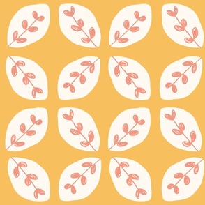 Large - Geometric Leaves - Hand drawn organic shapes - Spring Leaves - Mustard Yellow Ivory Coral 