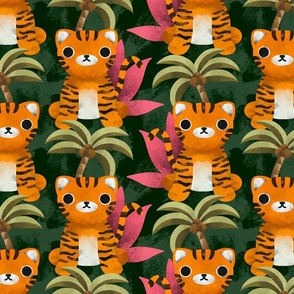 Cute Tiger Maximalist Jungle Pattern For Beach House Or Kids Room Decor (Dark Green) 