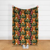 (Large Scale) Cute Tiger Maximalist Jungle Pattern For Beach House Or Kids Room Decor (Dark Green) 