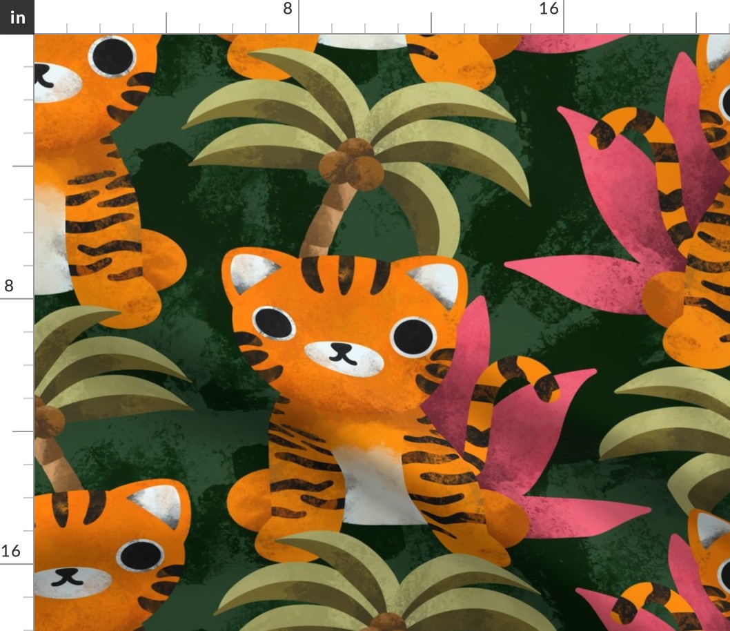 (Large Scale) Cute Tiger Maximalist Jungle Pattern For Beach House Or Kids Room Decor (Dark Green) 