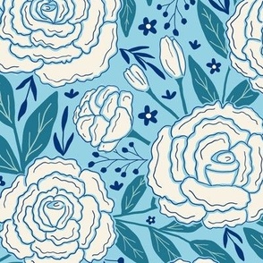 Delicate roses - White on turquoise background - Medium scale