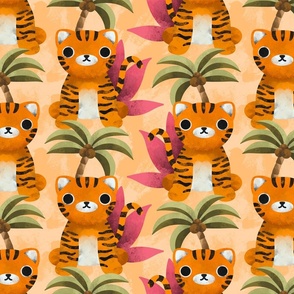 Cute Tiger Maximalist Jungle Pattern For Beach House Or Kids Room Decor (Yellow Beige)