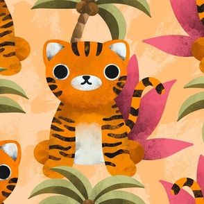 (Large Scale) Cute Tiger Maximalist Jungle Pattern For Beach House Or Kids Room Decor (Yellow Beige)