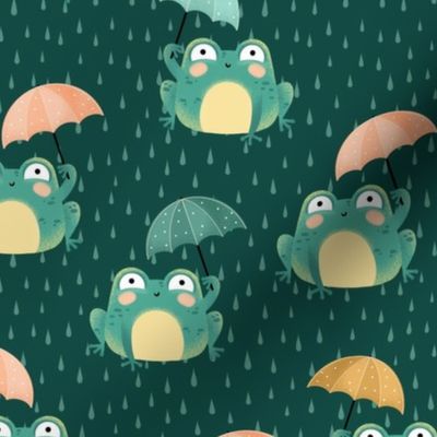Funny green frogs with umbrellas on dark green l Medium