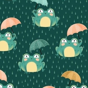 Funny green frogs with umbrellas on dark green l Medium