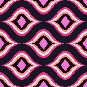 70s mod geometric ogee tribal pattern - pink and black