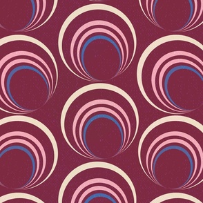 LARGE: Textured pink sky blue concentric circles Rings and Loops on Maroon