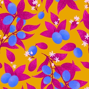 Blue kumquats and magenta pink leaves on a yellow background