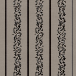 Leafy Floral Stripes - Black and Gray - Large Scale