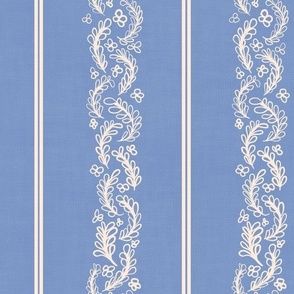 Leafy Floral Stripes - Cream and Blue - Large Scale