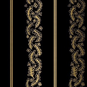 Leafy Floral Stripes - Black and Gold - Large Scale