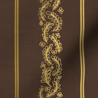 Leafy Floral Stripes - Gold and Brown - Large Scale