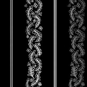 Leafy Floral Stripes - Black and Silver - Large Scale