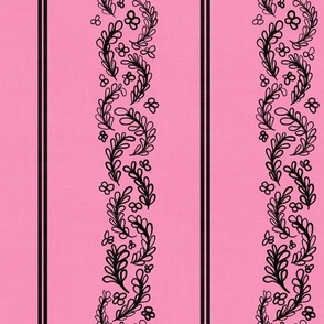 Leafy Floral Stripes - Pink and Black - Large Scale