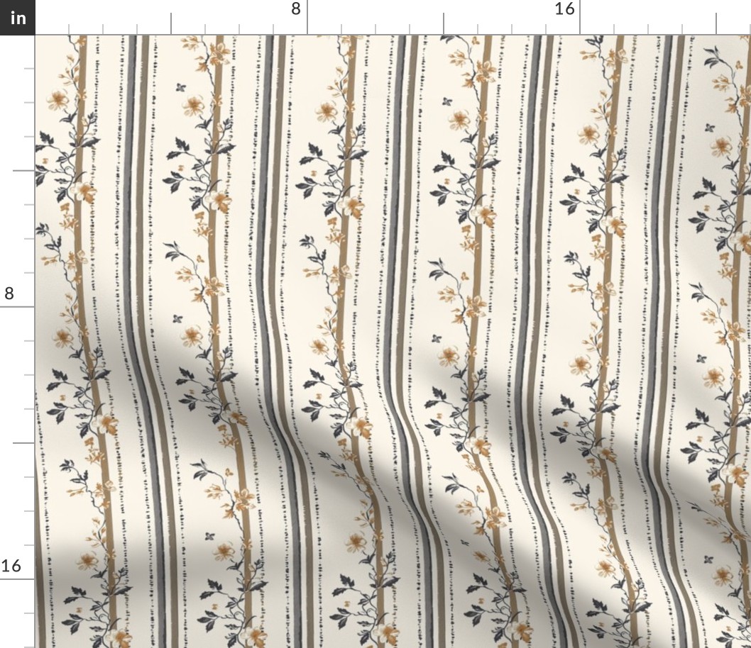 Taupe and Mustard Stripes Botanical Pattern