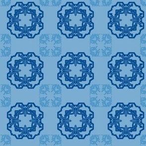 (S) Navy blue Flowers pattern from stylized geometric shape on Sky blue-symmetry-modern