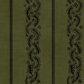 Leafy Floral Stripes - Black and Dark Olive Green - Large Scale