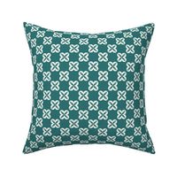 Small -Monochrome Geometric flowers in Teal green and off white Half drop