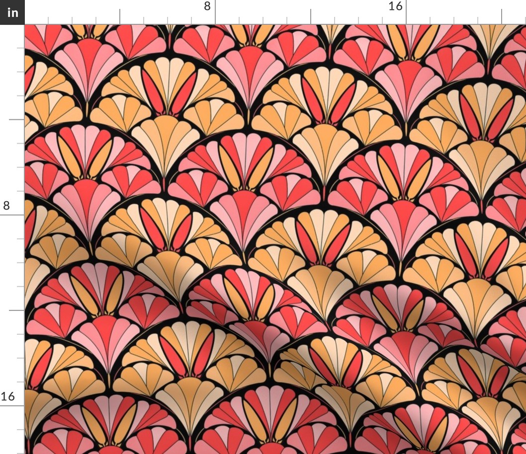 Art Deco scallops in electric peach, orange, pink, geranium, medium scale 12 inch