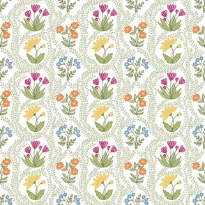 522 -  Small scale flower wild meadow cottage garden with forget me not, calendula, marigold, daisy and trailing vines - for delicate table linen, high teas, feminine decor, wallpaper and bed linens 