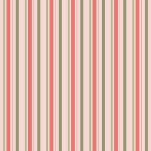Vertical striped pattern with varying widths in a color palette of pink, coral, green on a light pink background