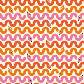 Squiggly Snakes in Pink, Orange & Red on Cream