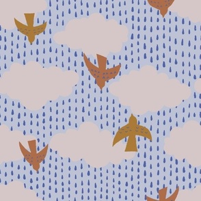 large // Birds in Flight with Rain Clouds in Pale Blue // 12”