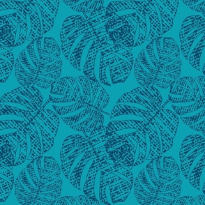 Monochrome tropical pattern with monstera leaves, blue background.