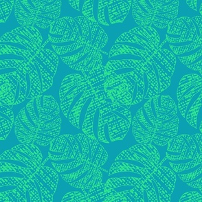 Bright tropical pattern with monstera leaves, neon green on a blue background.
