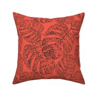 Monochrome tropical pattern with monstera leaves, brown leaves on a bright coral background.