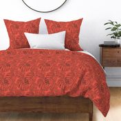 Monochrome tropical pattern with monstera leaves, brown leaves on a bright coral background.