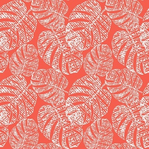 Monochrome tropical pattern with monstera leaves, white leaves on a bright coral background.