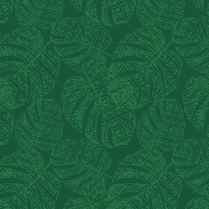 Monochrome tropical pattern with monstera leaves, green leaves on a dark green background.