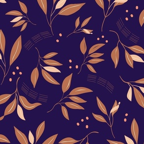 Modern minimalist brown abstract leaf branches on dark purple