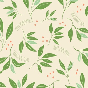 Modern minimalist light  green abstract leaf branches and red berry  on cream 