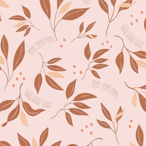 Modern minimalist warm brown and smoky pink abstract leaf branches