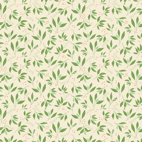 Modern minimalist olive green abstract leaf branches and red berry  on cream  10in