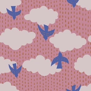large // Birds in Flight with Rain Clouds in Rose Pink // 12”