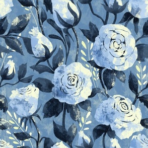 Large blue  painterly roses  by art for joy lesja saramakova gajdosikova design