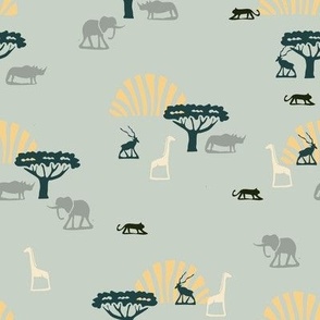 Safari animal silhouettes in Africa on mint green