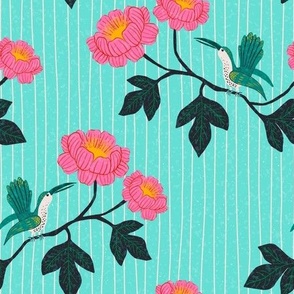 Bird and Bloom Stripe - hummingbirds and florals on stripe background 